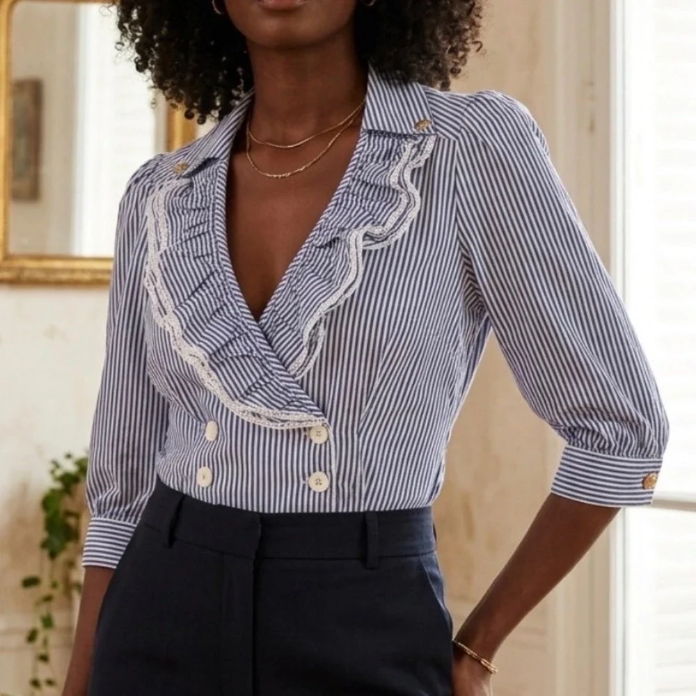 Maison Mayle La Feminine Palma Blouse Blue White Striped Ruffle Lace Cotton Sz 6